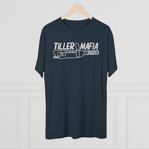Navy tri-blend regular fit tee with white "Tiller Mafia The Jon Yacht" graphic.