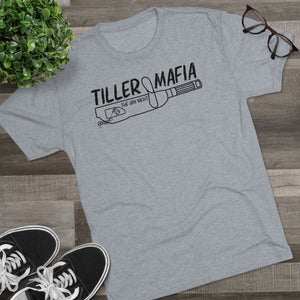 Light grey tri-blend regular fit t-shirt with "TILLER MAFIA THE IRON YACHT" graphic and tiller design.