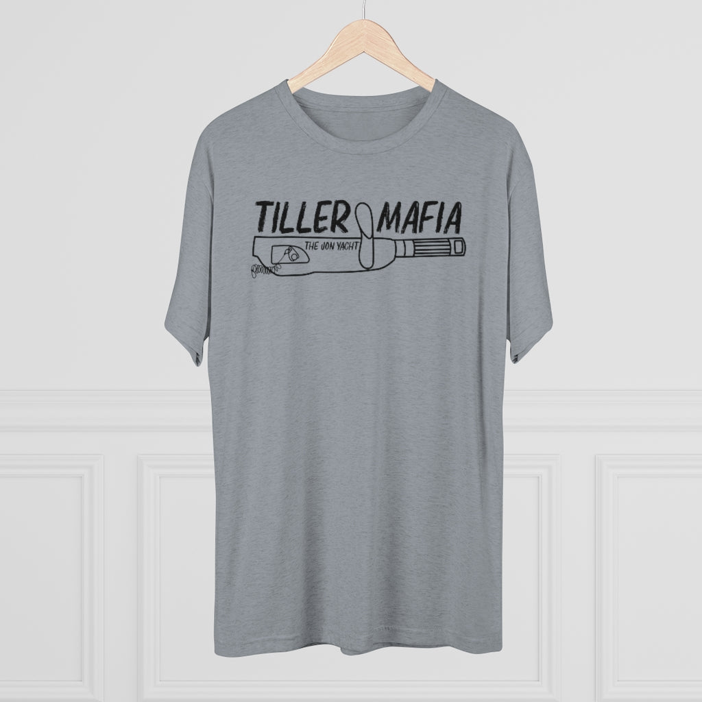 Heather gray tri-blend tee with "Tiller Mafia The Jon Yacht" graphic featuring a tiller handle.