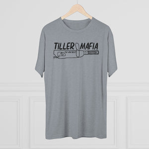 Heather gray tri-blend tee with "Tiller Mafia The Jon Yacht" graphic featuring a tiller handle.