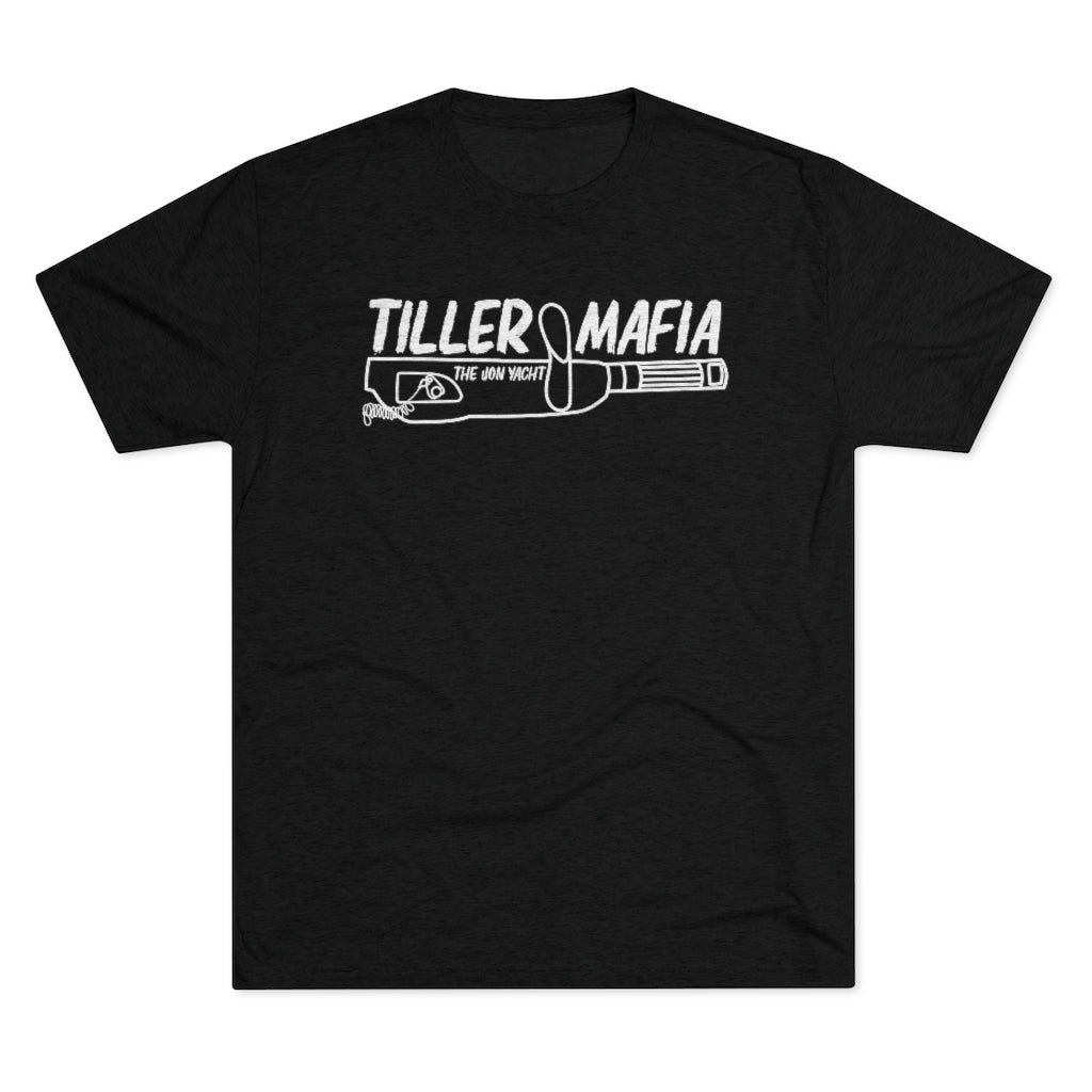 Black tri-blend regular fit t-shirt with "Tiller Mafia The Jon Yacht" graphic.