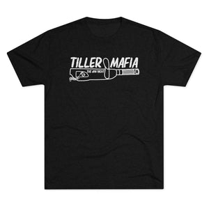 Black tri-blend regular fit t-shirt with "Tiller Mafia The Jon Yacht" graphic.
