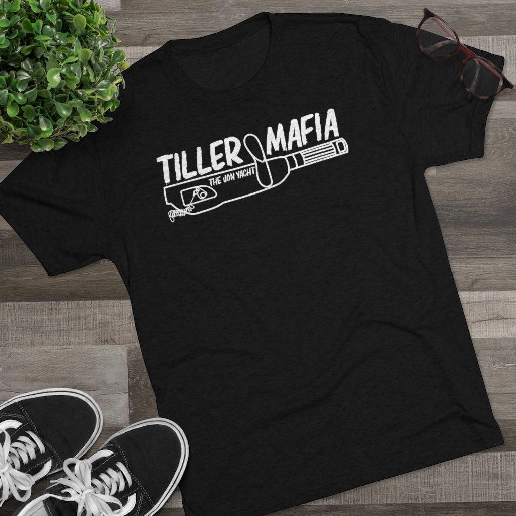 Black tri-blend T-shirt with "Tiller Mafia The Iron Yacht" graphic and boat tiller design.