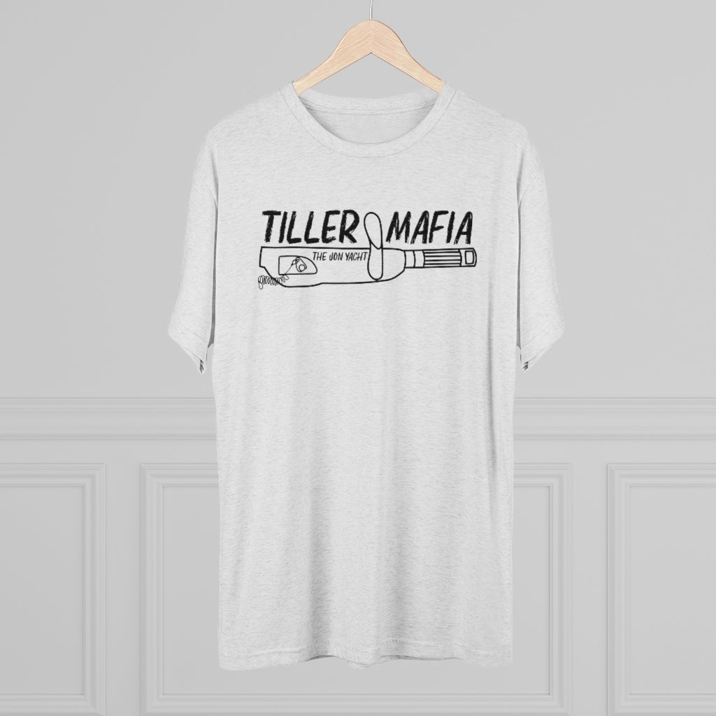 Light gray tri-blend tee with "TILLER MAFIA THE JON YACHT" graphic featuring a tiller handle.