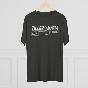 Dark gray tri-blend "Tiller Mafia" tee with white graphic of a tiller and text, hanging on a wooden hanger.