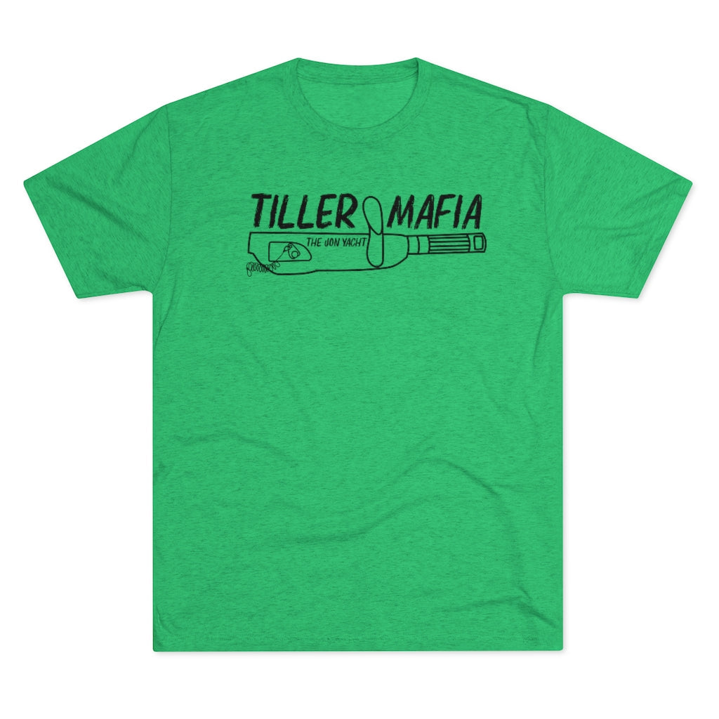 Green tri-blend regular fit tee with "Tiller Mafia The Iron Yacht" graphic.