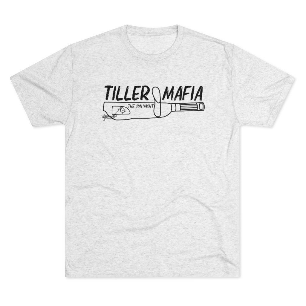 Light gray tri-blend tee with "TILLER MAFIA THE JON YACHT" graphic.