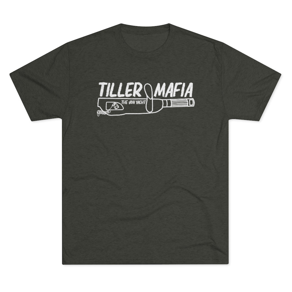 Dark gray tri-blend regular fit tee with white "TILLER MAFIA THE ION YACHT" graphic.