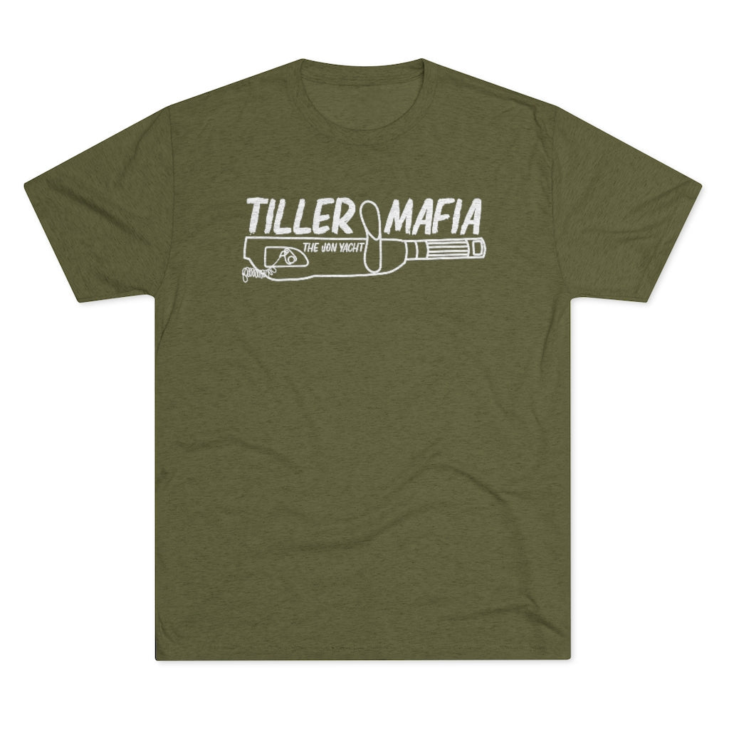Olive green tri-blend regular fit t-shirt with "TILLER MAFIA THE JON YACHT" graphic.