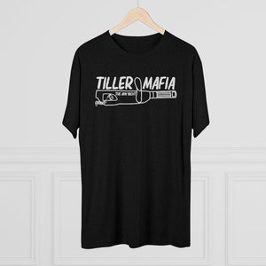 Black tri-blend regular fit tee with white "Tiller Mafia The Jon Yacht" graphic.