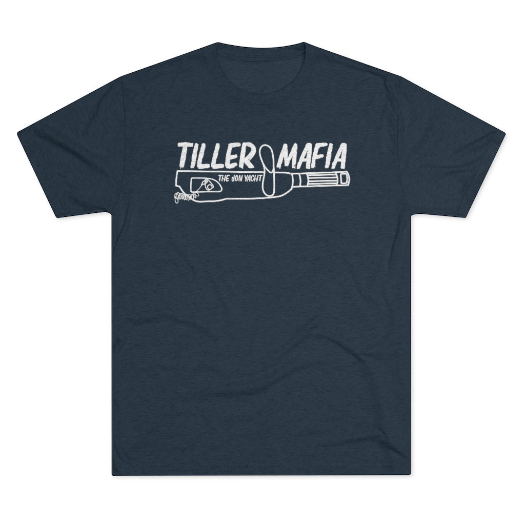Navy tri-blend tee with "Tiller Mafia The Jon Yacht" graphic in white.