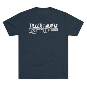 Navy tri-blend tee with "Tiller Mafia The Jon Yacht" graphic in white.