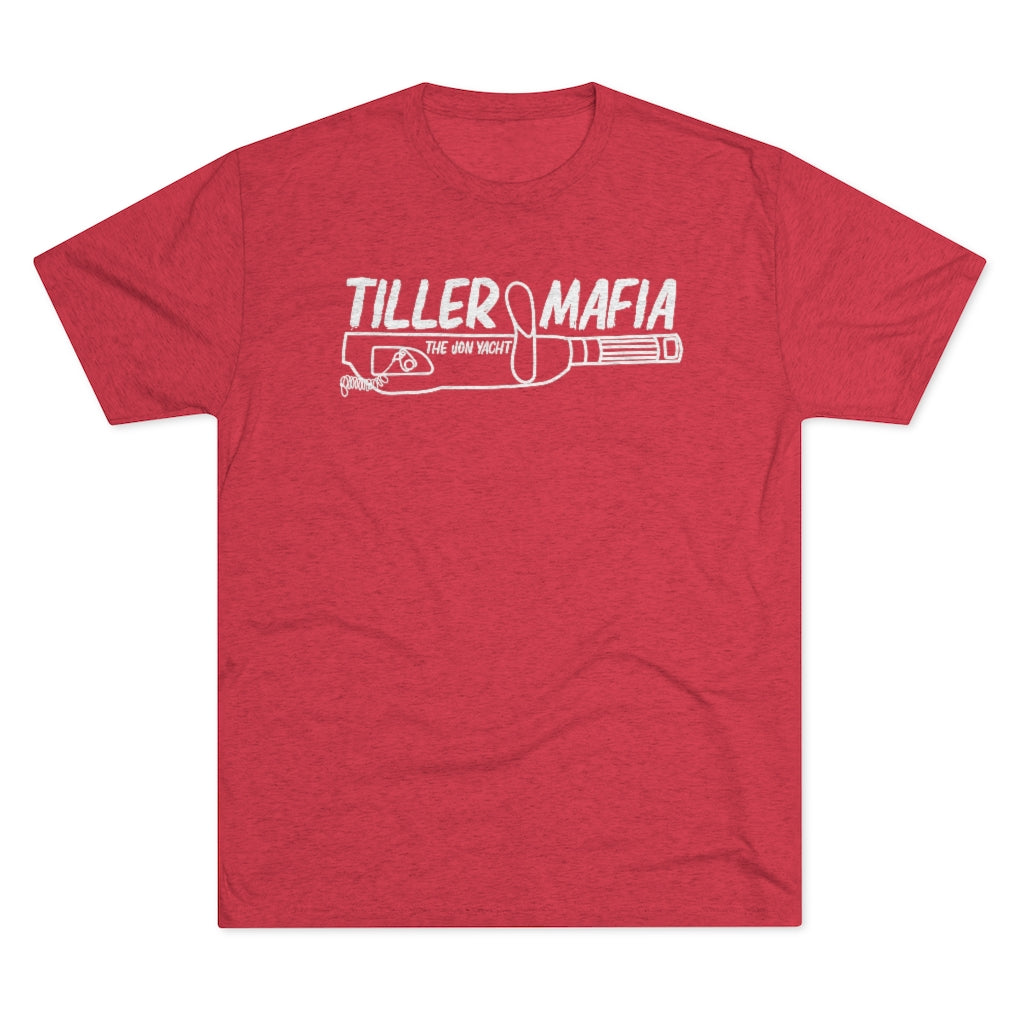 Red tri-blend regular fit t-shirt with "TILLER MAFIA" and boat tiller graphic in white.