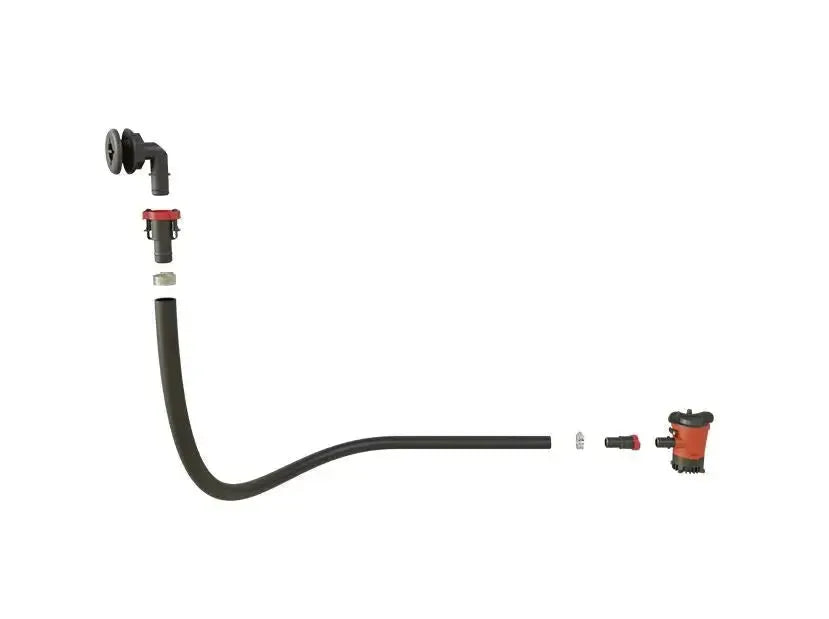 Black 3/4" hose with red and black fittings, connected to a red and black Johnson 1000 GPH bilge pump.