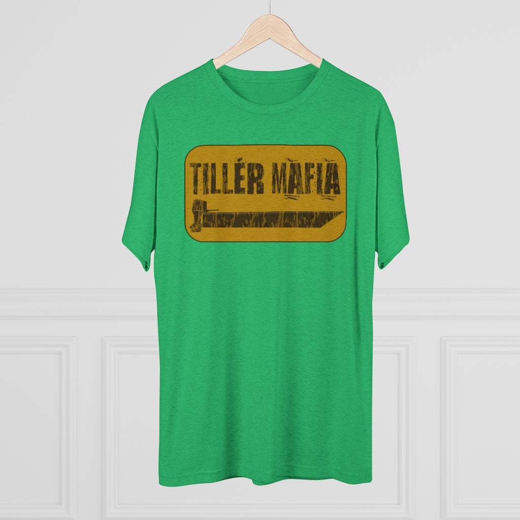 Green CAMO Tiller Mafia Tee with a distressed yellow and brown graphic of a tiller and "TILLER MAFIA" text.