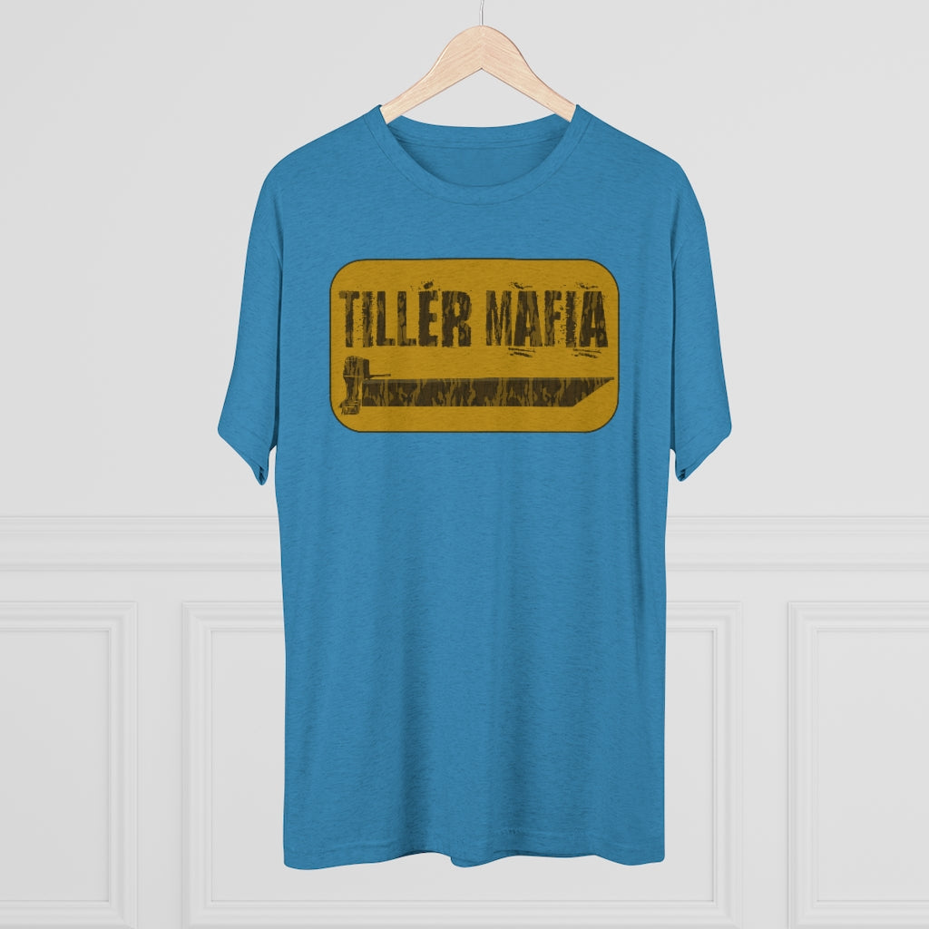 Blue heather CAMO Tiller Mafia Tee with a distressed yellow rectangular graphic featuring a tiller and "TILLER MAFIA" text.