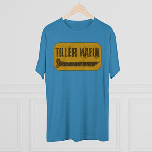 Blue heather CAMO Tiller Mafia Tee with a distressed yellow rectangular graphic featuring a tiller and "TILLER MAFIA" text.