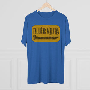 Blue CAMO Tiller Mafia Tee with a distressed yellow graphic featuring a tiller and "TILLER MAFIA" text.