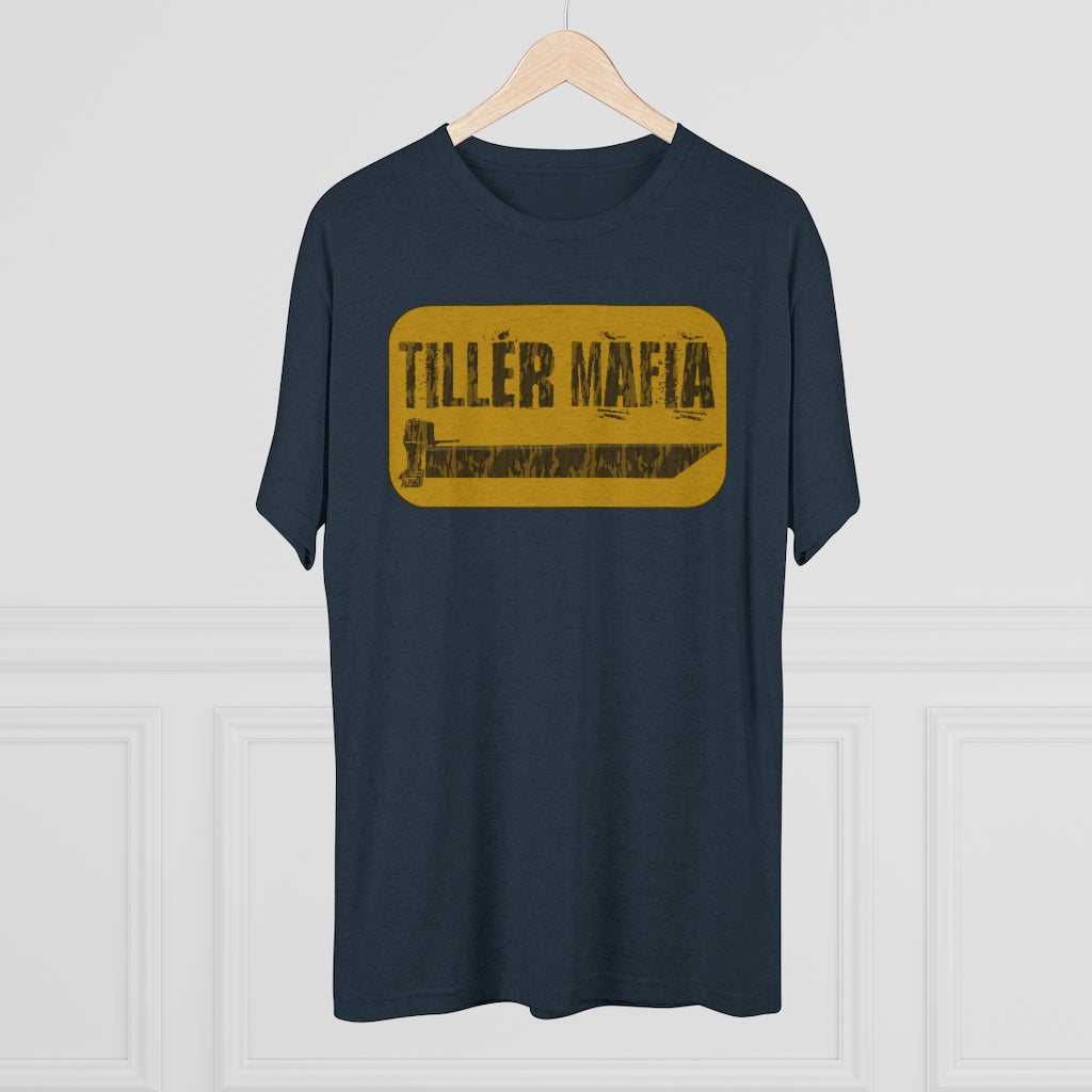 Navy blue CAMO Tiller Mafia Tee with a distressed yellow graphic featuring a tiller and "TILLER MAFIA" text.