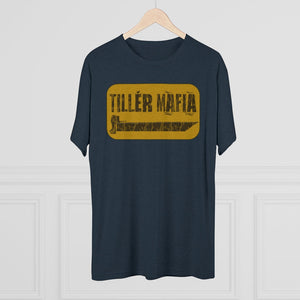 Navy blue CAMO Tiller Mafia Tee with a distressed yellow graphic featuring a tiller and "TILLER MAFIA" text.