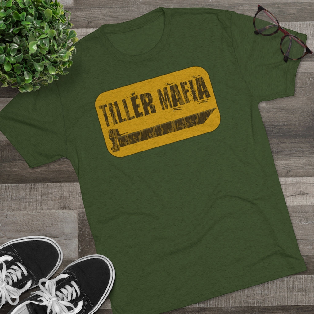 Green CAMO Tiller Mafia Tee with a yellow distressed graphic featuring a tiller blade and text.