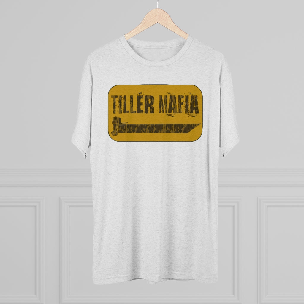 Light gray CAMO Tiller Mafia Tee with a distressed yellow rectangular graphic featuring a tiller and "TILLER MAFIA" text.