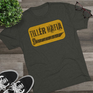 Dark gray CAMO Tiller Mafia Tee with a distressed yellow graphic featuring a tiller blade.