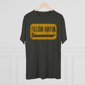 Dark heather gray CAMO Tiller Mafia Tee with a distressed yellow "TILLER MAFIA" graphic and tiller knife design.