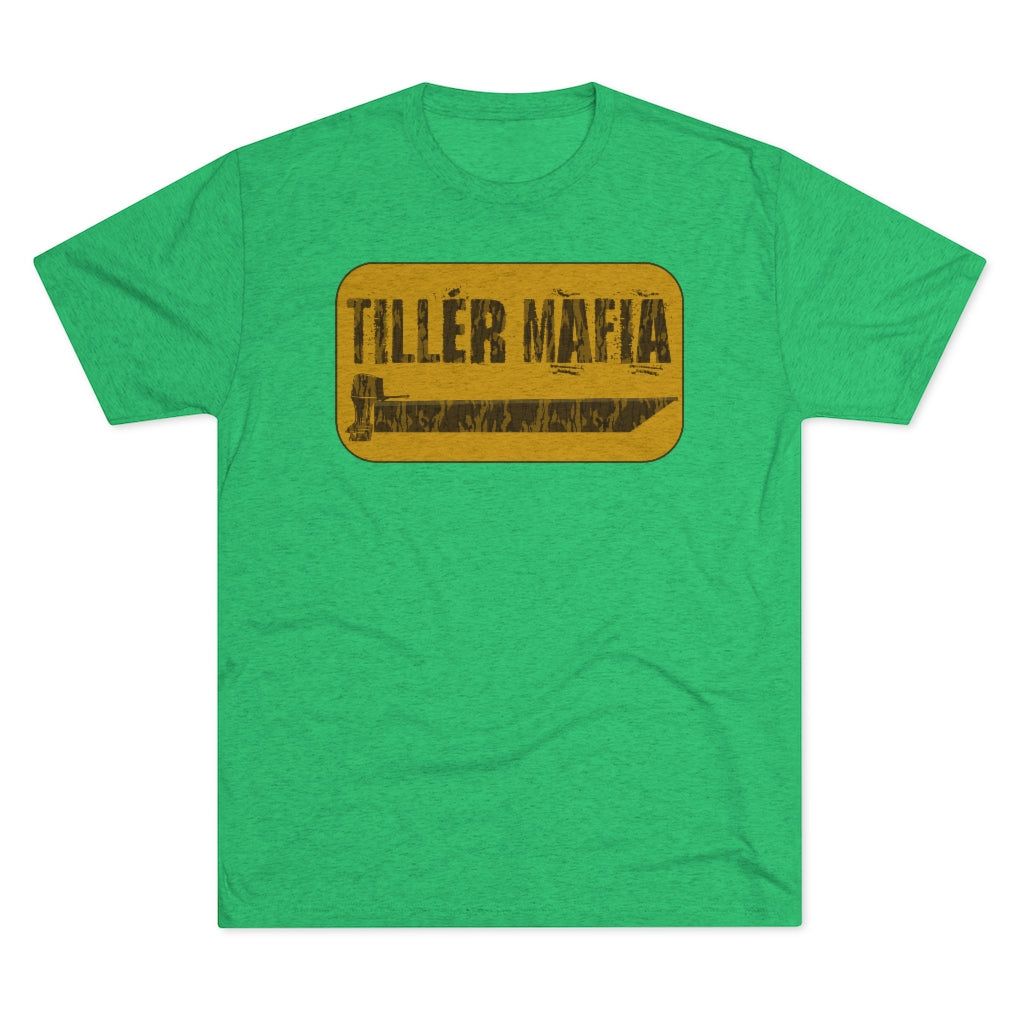 Green CAMO Tiller Mafia Tee with a distressed yellow and brown graphic.