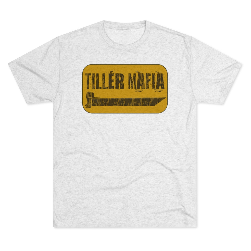Light gray CAMO Tiller Mafia Tee with a distressed yellow and brown graphic.