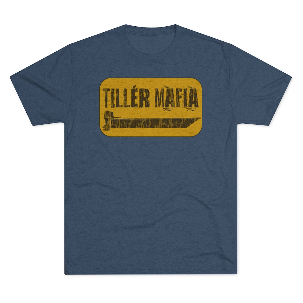 Navy blue CAMO Tiller Mafia Tee with a distressed yellow rectangular graphic featuring a tiller and "TILLER MAFIA" text.