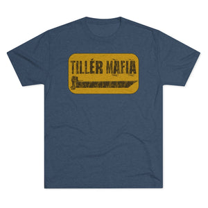 Navy blue CAMO Tiller Mafia Tee with a distressed yellow rectangular graphic featuring a tiller and "TILLER MAFIA" text.