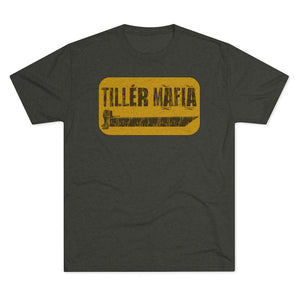 Dark gray CAMO Tiller Mafia Tee with a distressed yellow rectangular graphic featuring a tiller and "TILLER MAFIA" text.