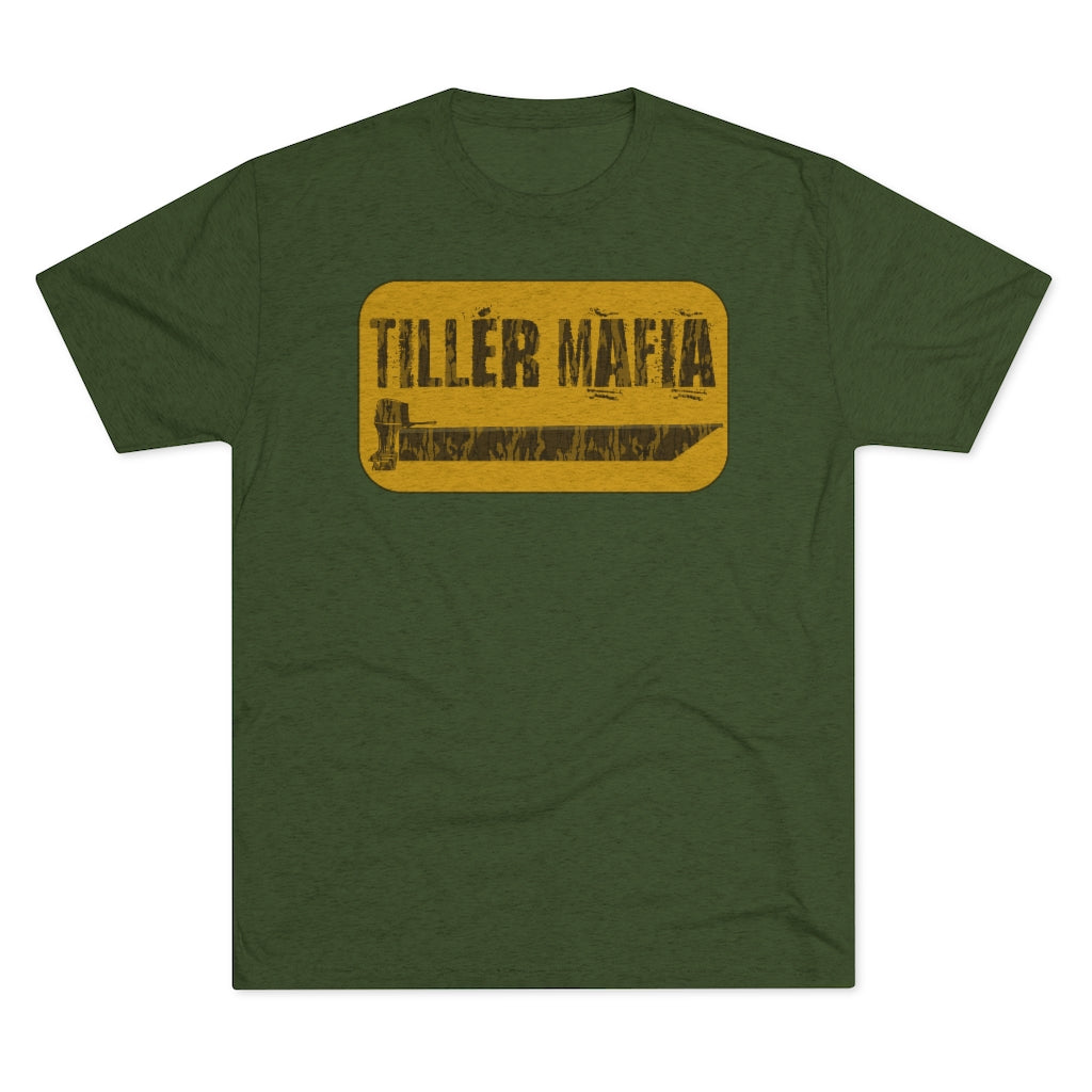 Green CAMO Tiller Mafia Tee with a distressed yellow rectangular graphic featuring a knife silhouette.