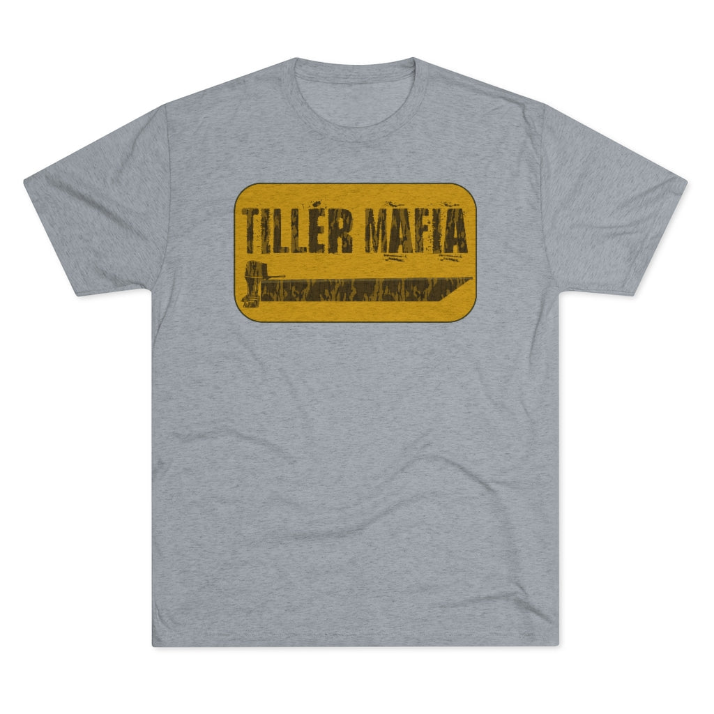 Gray CAMO Tiller Mafia Tee with a distressed yellow and brown graphic featuring a tiller blade.