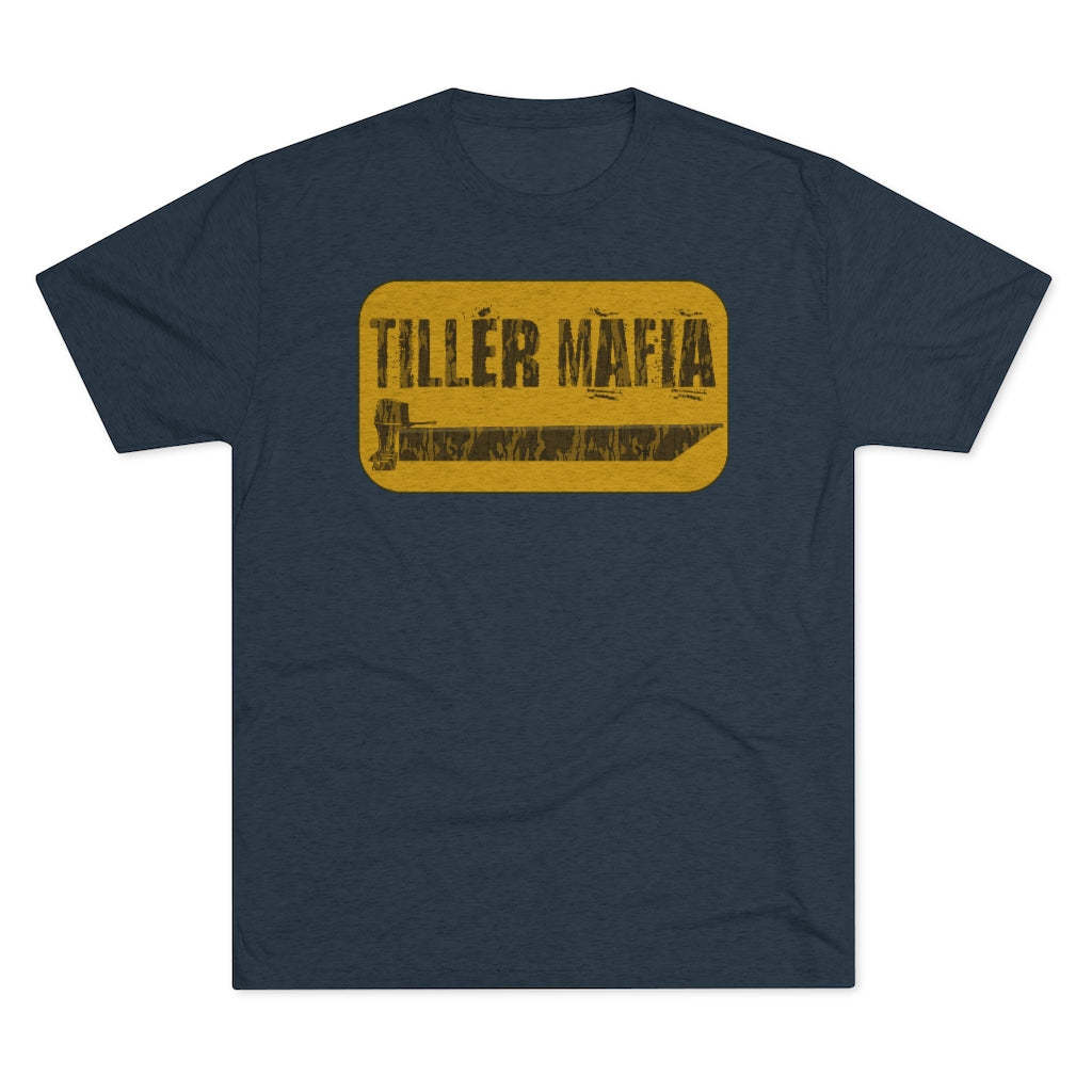 Navy blue CAMO Tiller Mafia Tee with a distressed yellow rectangular graphic featuring a tiller and "TILLER MAFIA" text.