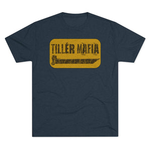 Navy blue CAMO Tiller Mafia Tee with a distressed yellow rectangular graphic featuring a tiller and "TILLER MAFIA" text.
