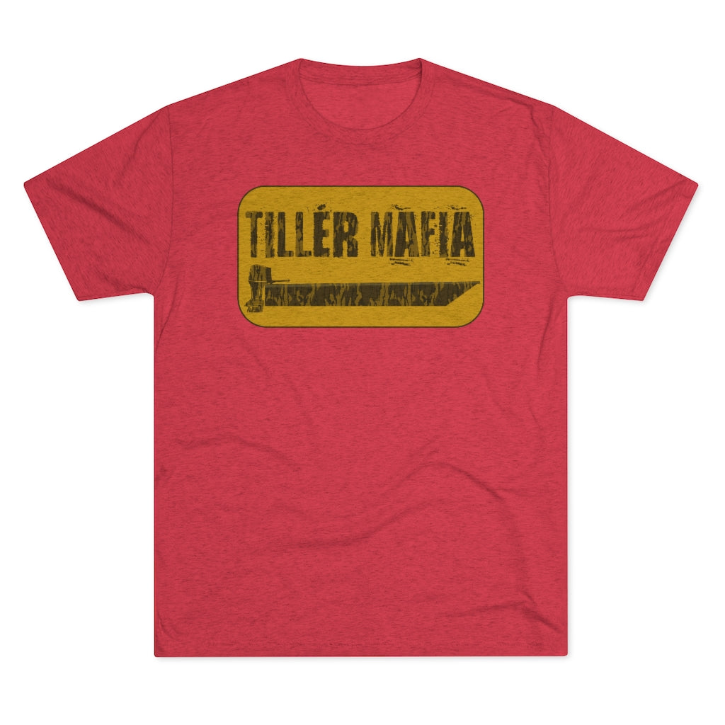 Red soft cotton T-shirt with a yellow "TILLER MAFIA" graphic and tiller boat outline.