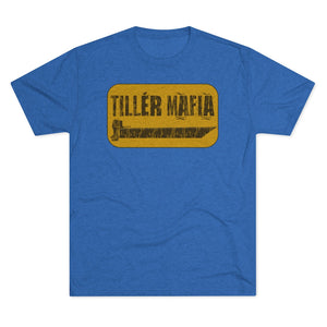 Blue CAMO Tiller Mafia Tee with a distressed yellow rectangular graphic featuring a tiller handle.