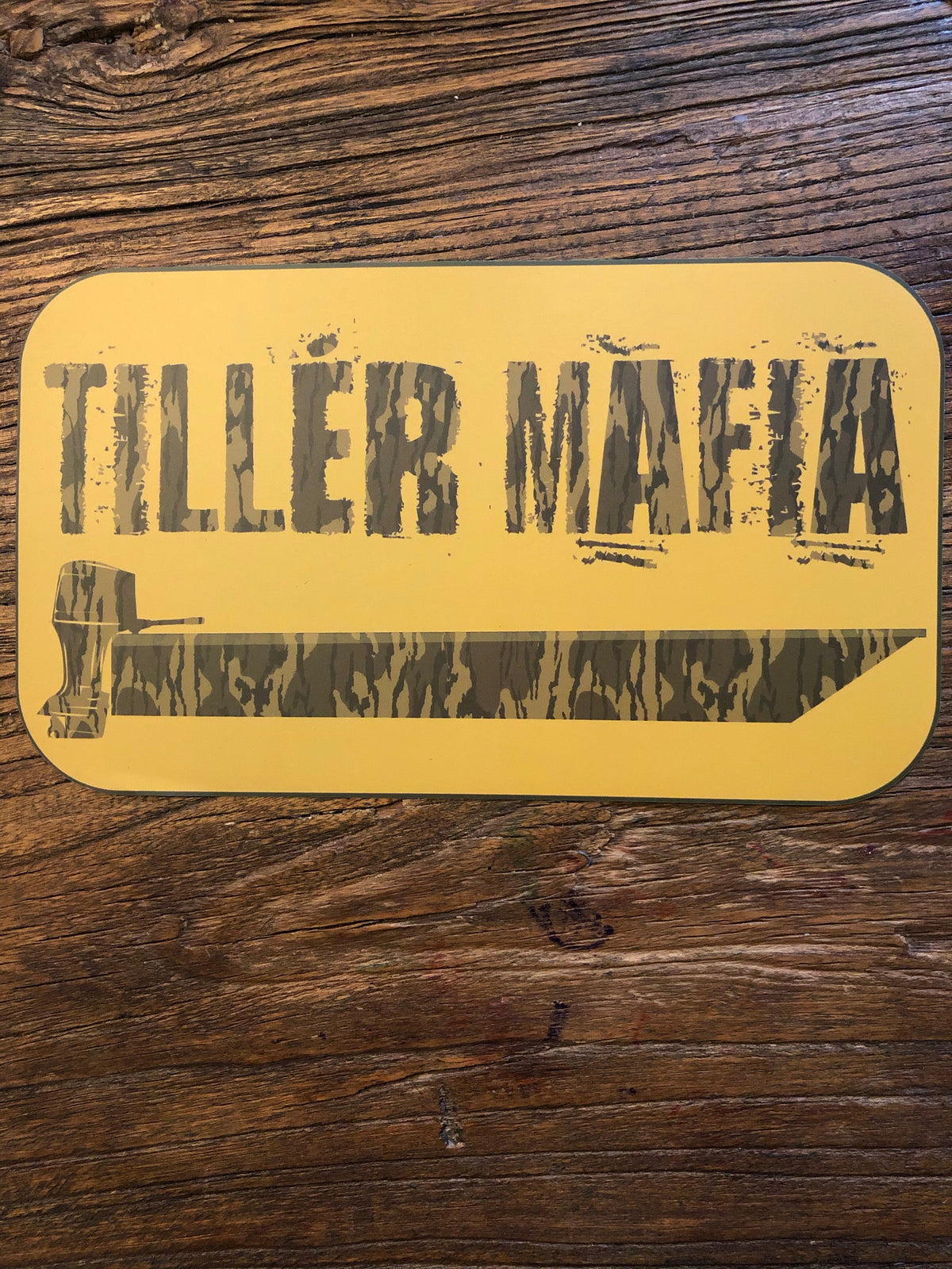 Yellow "TILLER MAFIA" decal with a camo boat and outboard motor design.