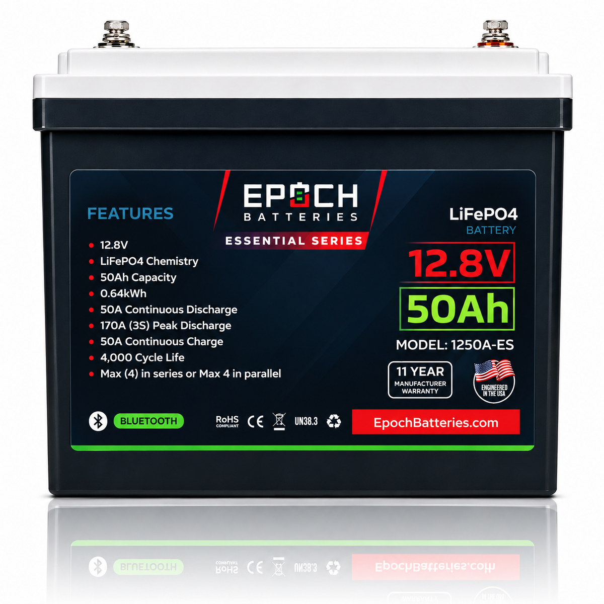 12V 50Ah Essential Series LiFePO4 Battery (0.64kWh)