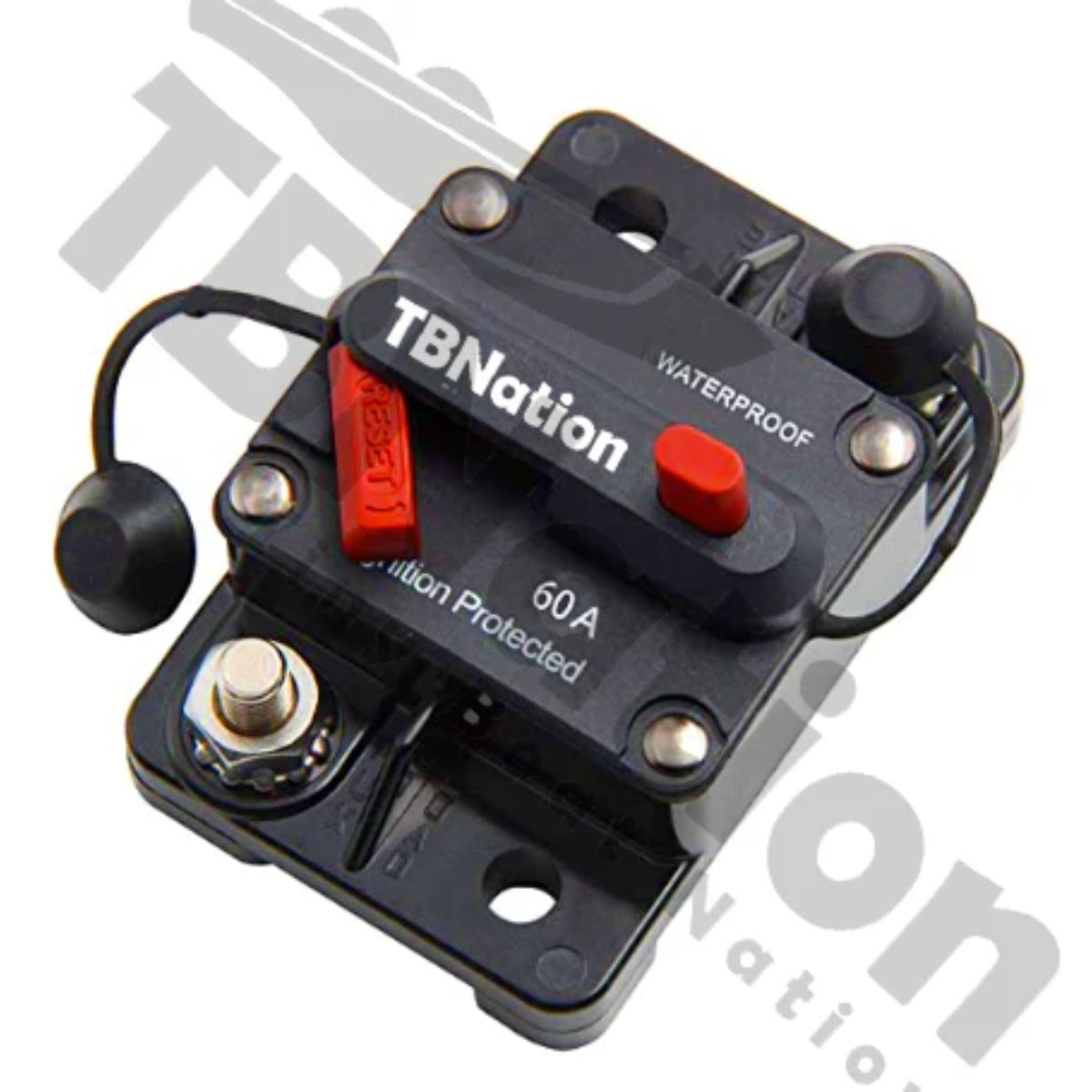 Black waterproof 60A circuit breaker for trolling motors with red reset button and rubber cap.