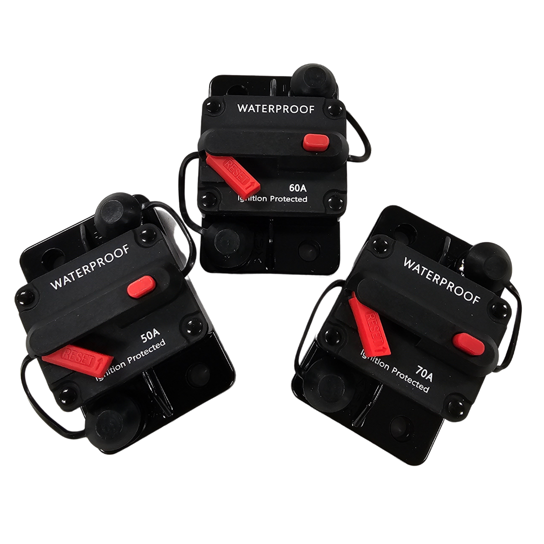 Three black waterproof trolling motor circuit breakers with red reset buttons, 50A, 60A, and 70A models.