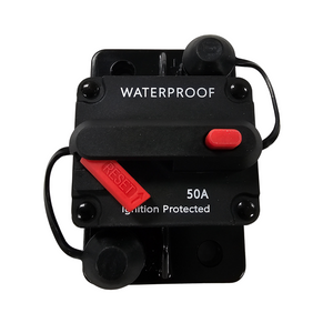 Black waterproof 50A circuit breaker with red reset button for trolling motors.