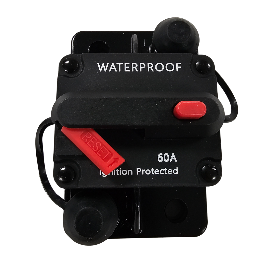 Black waterproof 60A circuit breaker for trolling motors with red reset button and protective caps.