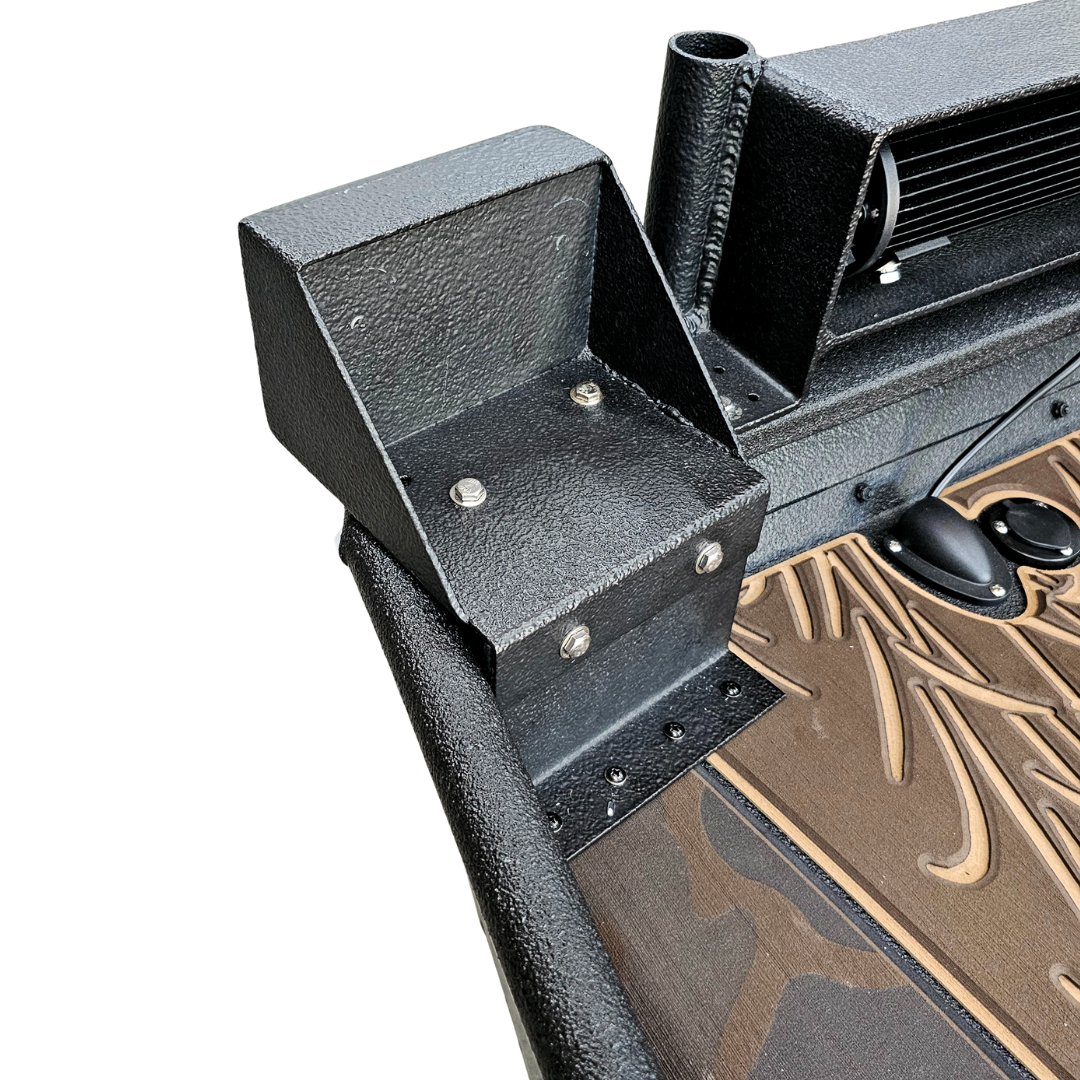 Black textured aluminum clamp-on trolling motor mount for flat nose Jon boats, with an L bracket and catch lip.
