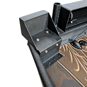 Black textured aluminum clamp-on trolling motor mount for flat nose Jon boats, with an L bracket and catch lip.