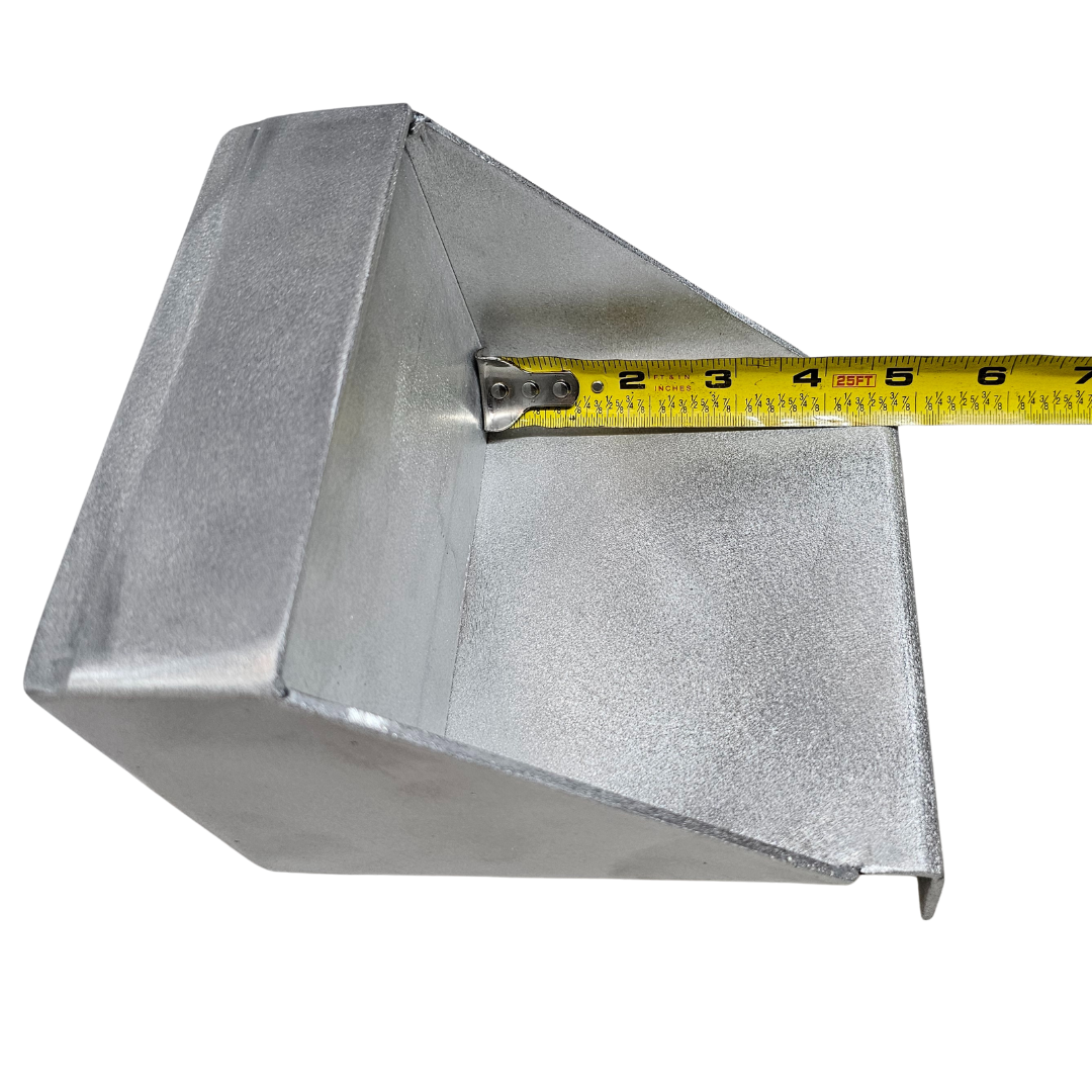 Raw aluminum clamp-on trolling motor mount for flat nose Jon boats, with a tape measure showing its dimensions.