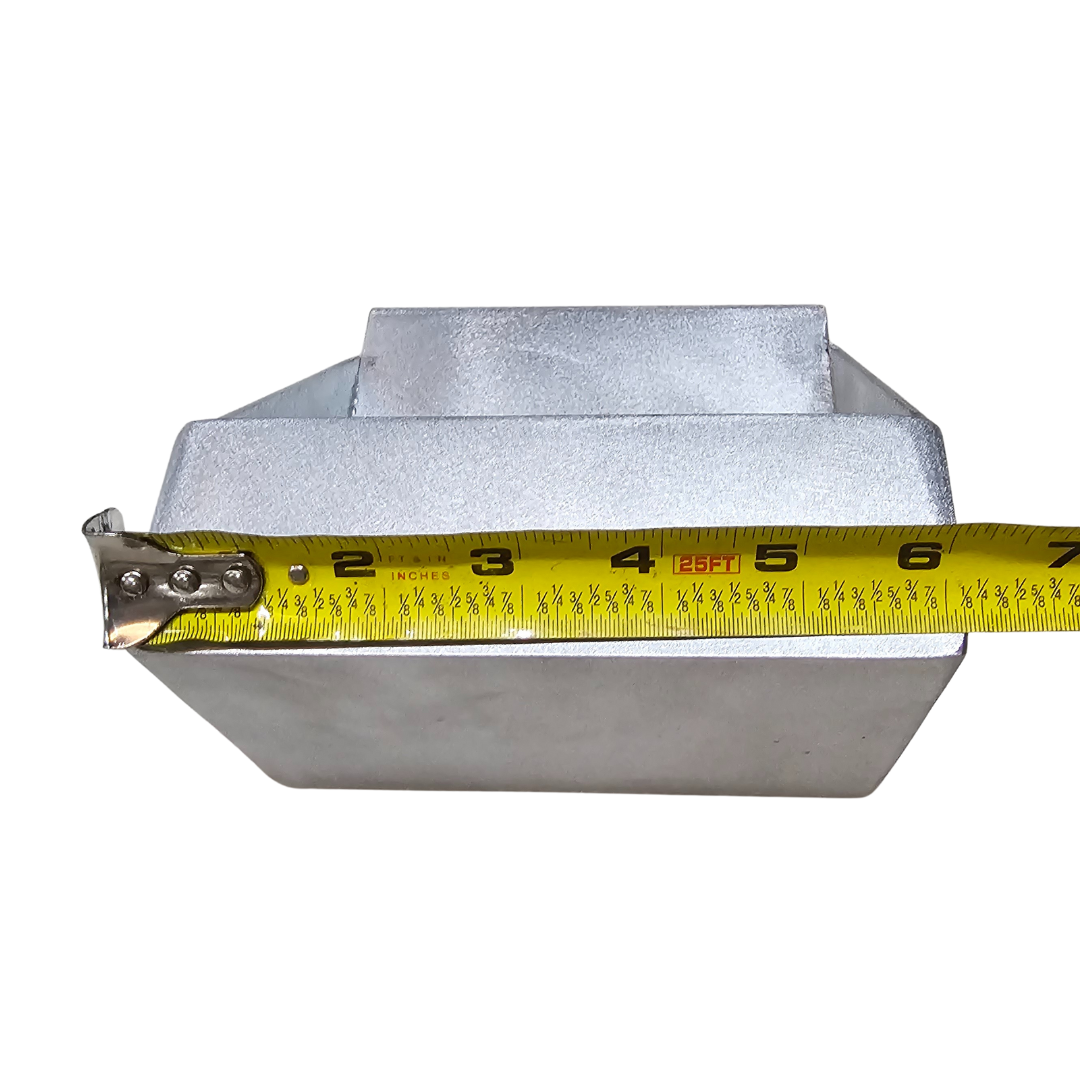 Raw aluminum clamp-on trolling motor mount for flat nose Jon boats, shown with a tape measure indicating its 6-inch width.
