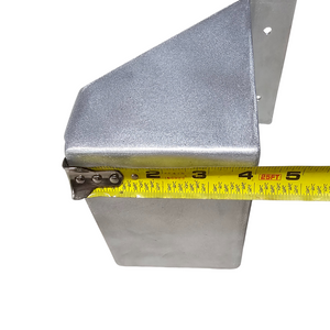 Raw aluminum clamp-on trolling motor mount for flat nose Jon boats, shown with a tape measure indicating its width.